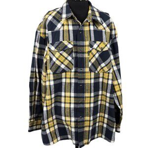 VTG FIVE BROTHER Heavyweight Plaid Flannel Button Shirt Yellow Navy Mens 2XL-R